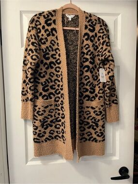 Time and Tru Tan and Black Leopard Print Open Cardigan